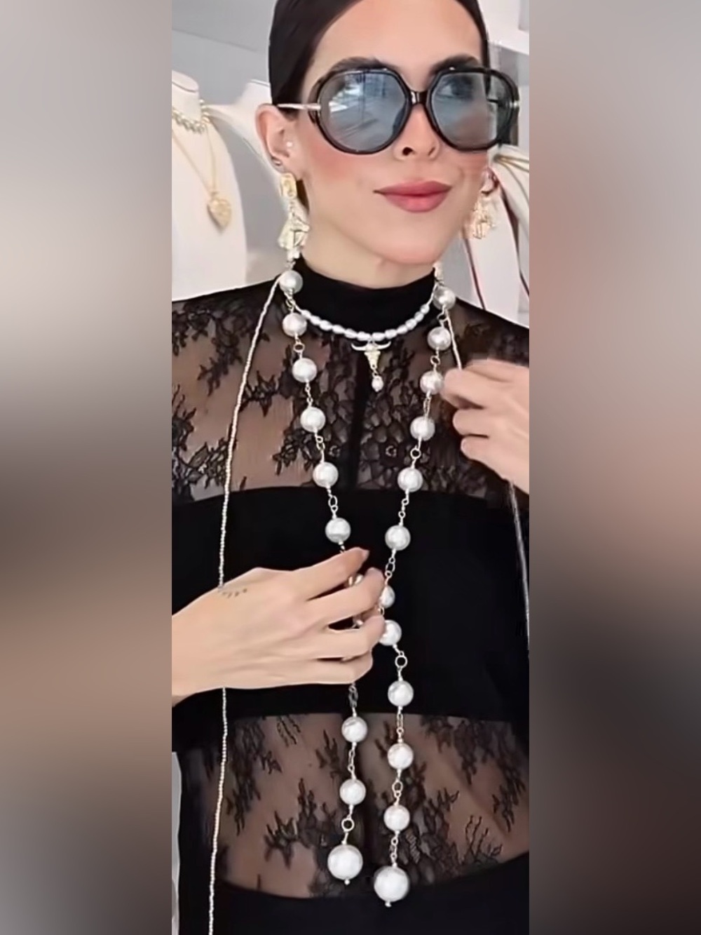 Pearl-Style Y Necklace with Gold Accents - White
